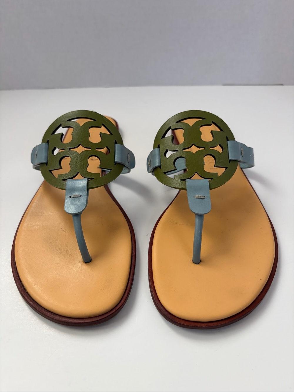 Tory Burch Miller Sandals Double T Logo Leather Green Tan Northern Blue Size 9M - Picture 3 of 16